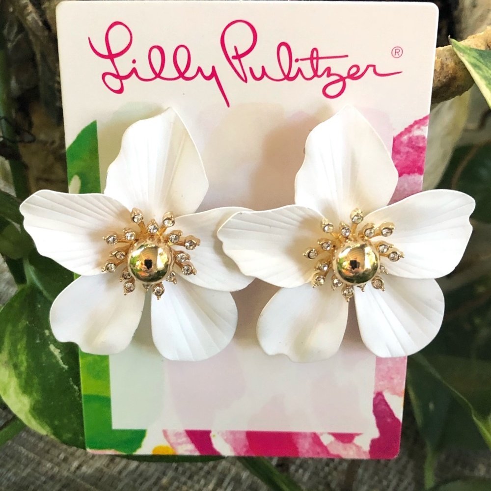 LILLY PULITZER EARRINGS ORCHID FLOWER🩷 Resort White/gold/Crystal⭐️Hot Style! - Picture 2 of 10